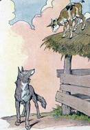 Picture of a cartoon wolf and a goat on a roof. 