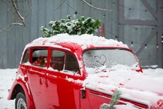 Red vehicle covered in snow with tree on top