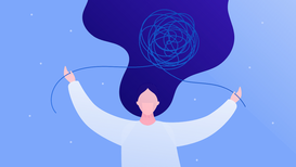 cartoon of person with long hair and a web of thoughts going through it