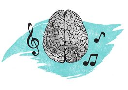 Drawing of brain with music notes floating towards