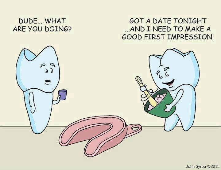 Cartoon of two teeth making an impression - date joke