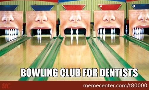 Picture of a dental teeth bowling alley with teeth missing (teeth are pins)