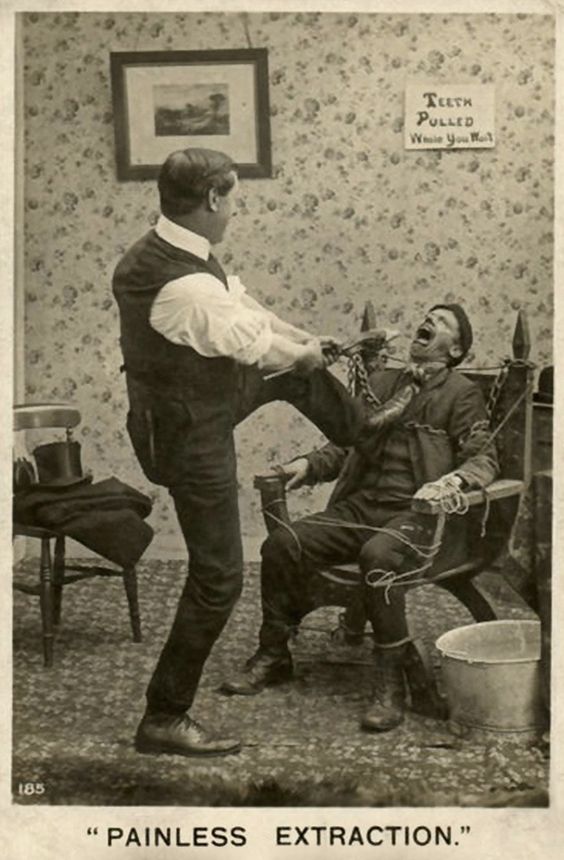 Picture of an old fashioned dental office pulling teeth.