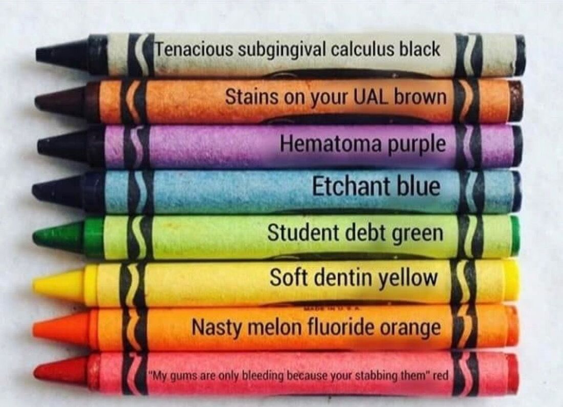 Picture of crayons with dental names, for example: student debt green, soft dentin yellow